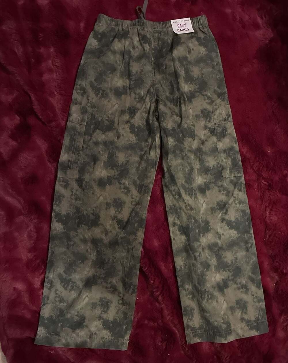 Vanilla Star Easy Cargo Green Camo Drawstring Wide Leg Pants Sz S A572